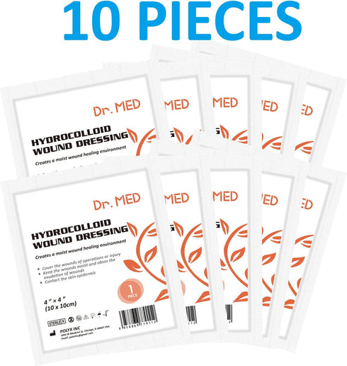Dr. Med Hydrocolloid Wound Dressing 4"x4", 10 Pack/Box, Waterproof Adhesive Bandage for Light Exudate and Superficial