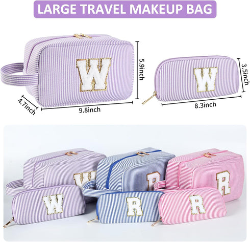 2pcs Personalized Initial Makeup Bag A-Z, Monogram Travel Toiletry Bag for Women & Teen Girls, Purple, E