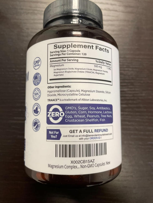 Magnesium Complex Supplement, 4 Month Supply of 500mg 5-in-1 Bisglycinate, Oxide, Taurate, Aspartate, Citrate for Calm,