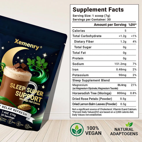 Immune 7.4 oz., 30 Moringa Hot Cocoa Sleep Aid, Pure Moringa Powder Mix with Cocoa Powder - Supports Energy, Support