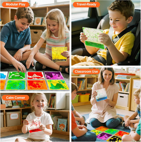JUEOQOY 3+, (9 Pack) Squishy Liquid Sensory Tiles for Kids Ages Soft Glitter-Filled Tactile Pads for Squeezing, Desk