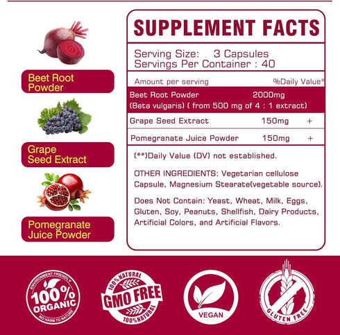 Organic Beet Root Powder Capsules 2000mg with Grape Seed Extract, Pomegranate Juice Powder, 240 Counts