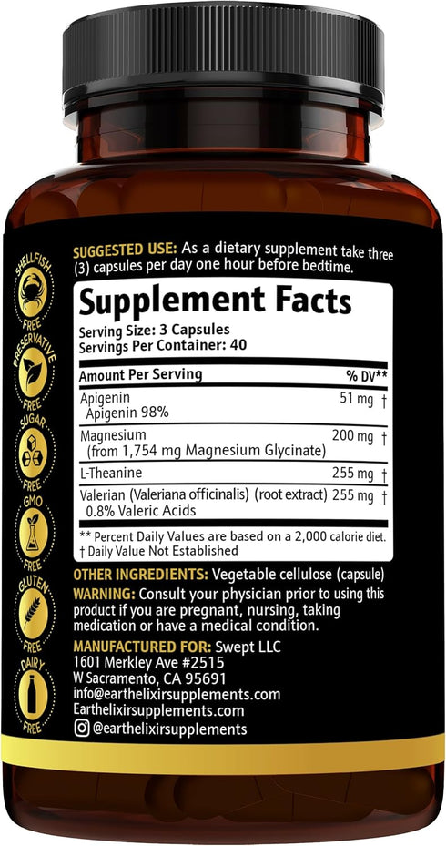 4-in-1 Sleep Aid (120 Caps) w/Apigenin 50mg, Magnesium Glycinate 200mg, L Theanine 250mg & Valerian Root for Sleep Aid 250mg | Apigenin Supplement for Sleep | Sleeping Pills