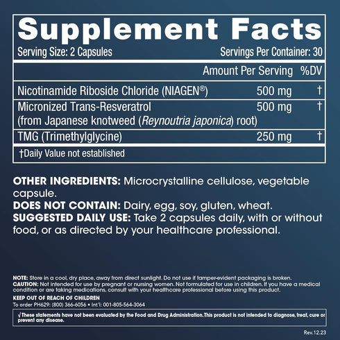 ProHealth Nicotinamide Riboside Pro Complete NAD Supplement, 500mg Niagen NR, Plus 250mg TMG, 30 Servings