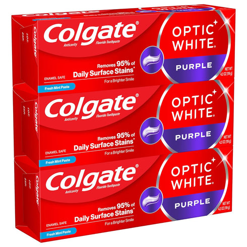 Colgate Optic White Purple Toothpaste for Whitening, Fluoride, Removes Surface Stains, Mint, 3 Pack, 4.2 oz