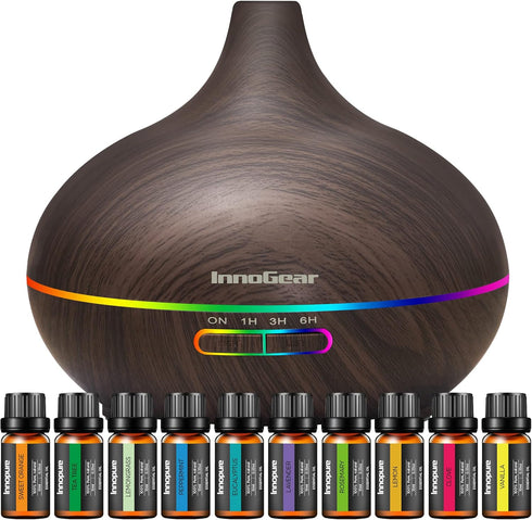 InnoGear Aromatherapy Diffuser & 10 Essential Oils Set, 400ml Ultrasonic Diffuser with 4 Timers, 7 Colors Light