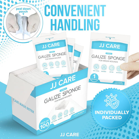 JJ CARE Sterile Gauze Pads 2" x 2" (Pack of 100), 12-Ply Cotton, Individually-Wrapped for First Aid Kit & Wound Care