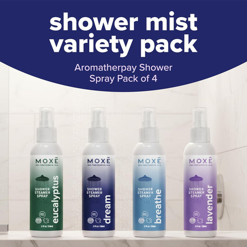Pack, 100% 4 Pack (8oz) MOXE Aromatherapy Shower Mist Variety Eucalyptus, Lavender, Breathe and Dream, Spa Steam Spray