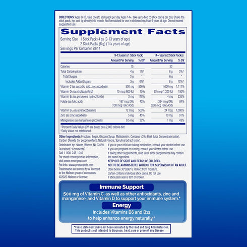 Immune Immune 28 Packs Emergen-C Plus Crystals, On-the-Go Support Supplement with Vitamin C, Vitamin D, B Vitamins