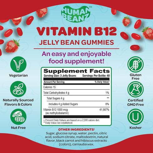 Methylated Vitamin B12 Jelly Bean Gummies for Adults, 120 Jelly Beans, Brain Health and Energy Booster