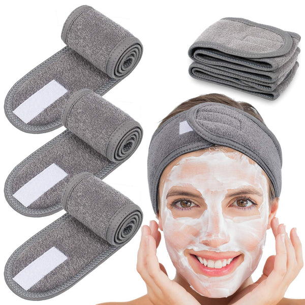 Whaline Spa Facial Headband Wrap, Terry Cloth Headband 4 Counts Stretch Towel for Bath, Makeup and Sport (Gray)