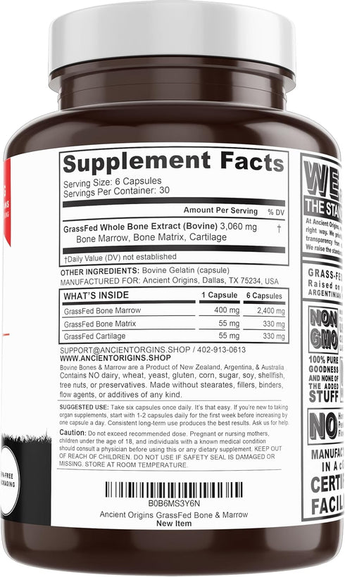 Ancient Origins Grass Fed Bone Marrow Supplement - 3060mg for Skin, Oral Health, and Joint Support, 180 Capsules