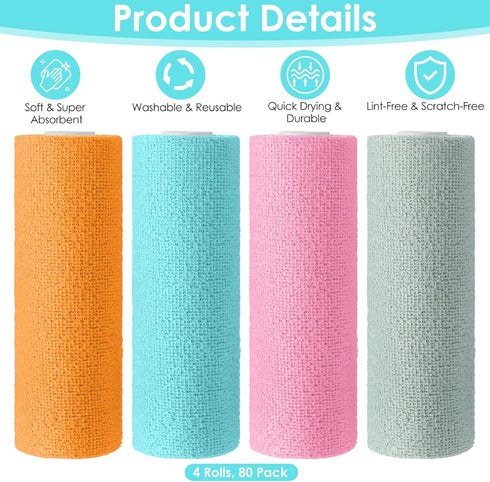 xozeooeu 4 80 10"x10" Rolls Microfiber Cleaning Cloth - Sheets Total, Tear-Away Reusable Paper Towels, Super Absorbent