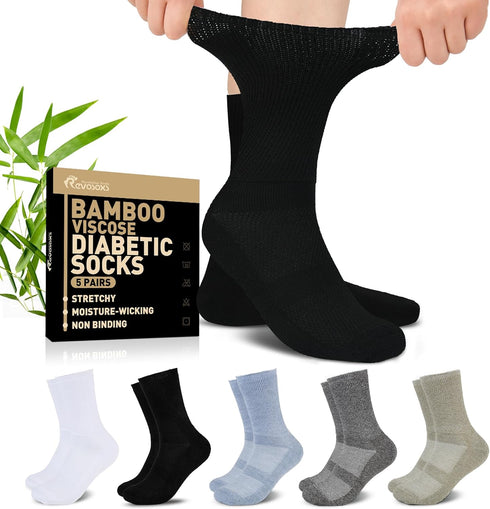Revosoxs Diabetic Crew Socks for Men Women,Bamboo Viscose Non-Binding Loose Top Wide