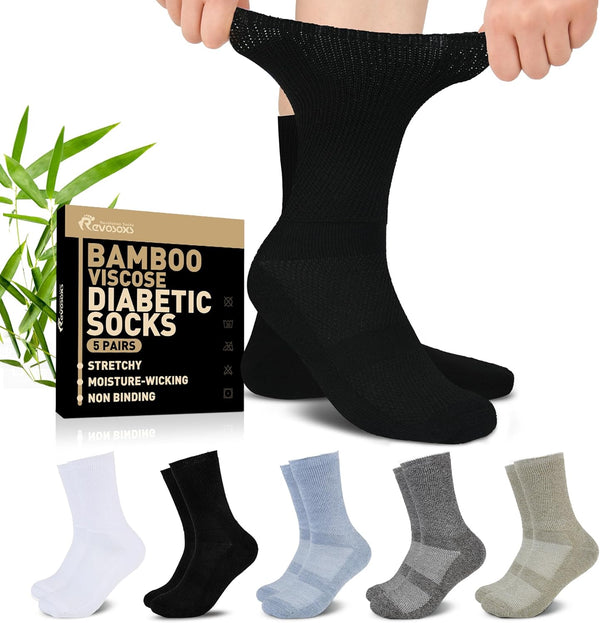 Revosoxs Diabetic Crew Socks for Men Women,Bamboo Viscose Non-Binding Loose Top Wide
