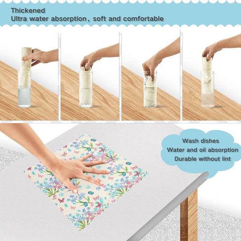 Kitchen Dish Cloths Towels with Blue Flowers and Butterflies, Reusable Super Absorbent Cleaning Rags, 12x12 in 6 Pack