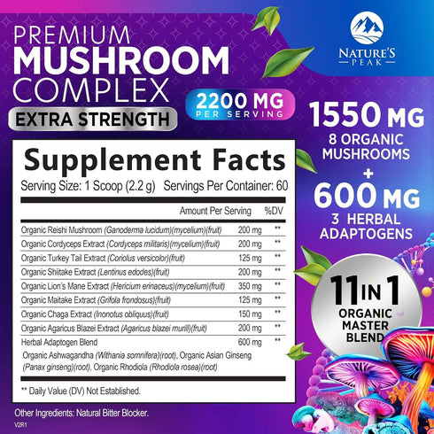 Mushroom Supplement Powder - 11 in 1 Complex Nootropic & Adaptogens Blend, Organic Mushroom Powder, Lions Mane, Cordyceps, Reishi, Chaga, Turkey Tail, Shiitake, Maitake Mushrooms & More - 60 Servings