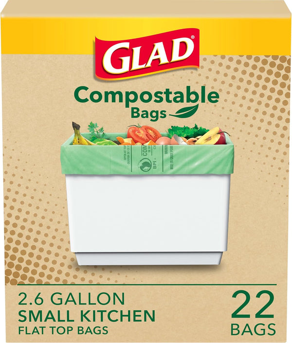 Glad Kitchen Compost Bags, 100% Compostable, 2.6 Gallon Unscented - 22 Count