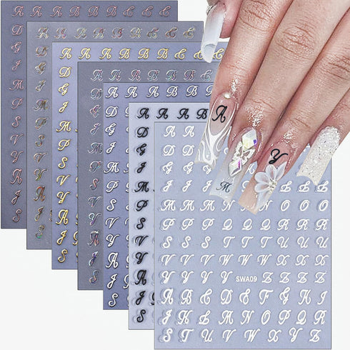 Retro Letters Nail Stickers, 8 Sheets Old English Letter Nail Design Decals for Women DIY Manicure