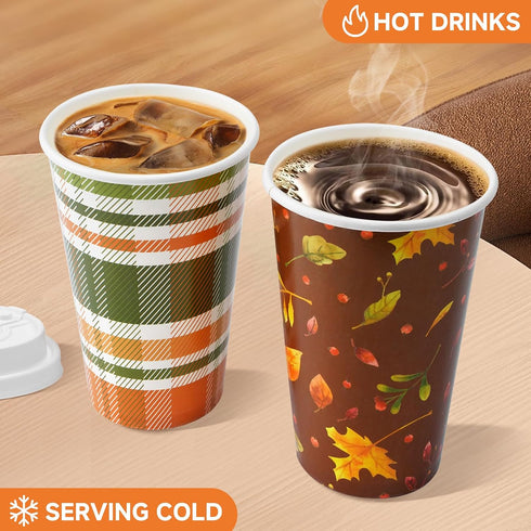 Nihuecne 50 Pack 16 oz Fall Themed Disposable Coffee Cups with Snap-on Lids and Sleeves - for Hot or Cold Drinks