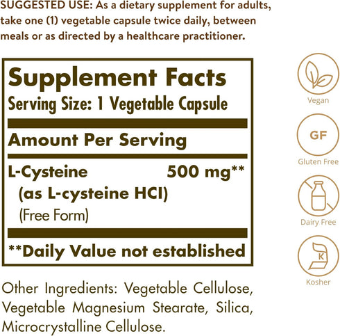Solgar L-Cysteine 500 mg, 90 Vegetable Capsules - Free Form Amino Acid for Skin, Hair & Nails, Vegan, Gluten Free