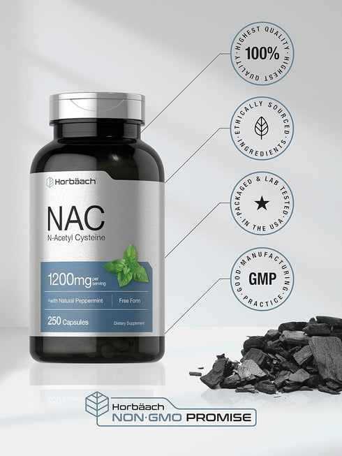 Horbaach NAC N-Acetyl Cysteine Supplement, 1200mg, 250 Capsules - Non-GMO, Gluten Free with Natural Peppermint