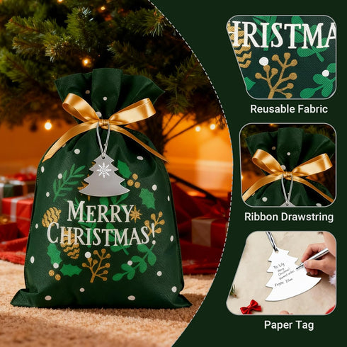 Set 6, 12" 18" OYATON Christmas Drawstring Gift Bags, Fabric Reusable Gift Wrap Bags of Cloth Gift Bags with Ribbon