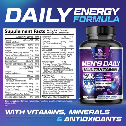 Premium Multivitamin for Men - Daily Men's Multivitamin with Vitamins A, C, D, E, B12, Zinc, Calcium, Magnesium & More, Nauture's Immune Health & Energy Support Vitamins - 120 Multivitamin Capsules