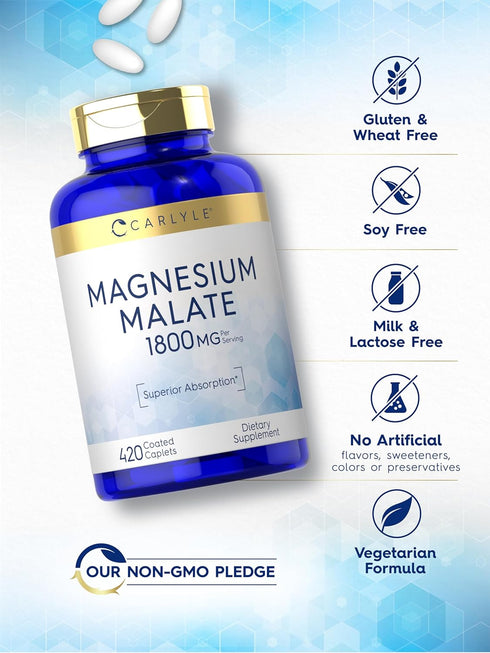 Carlyle Magnesium Malate 1800mg - 420 Coated Caplets, Vegetarian, Non-GMO, Gluten Free Supplement