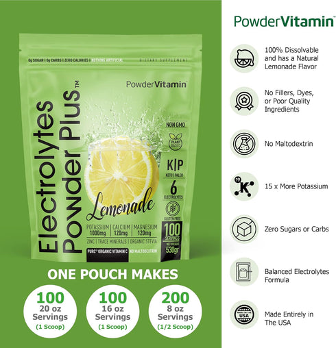 Electrolytes Powder Plus Keto - Lemonade Flavor, 100 Servings, 0 Sugar, Energy Hydration Powder