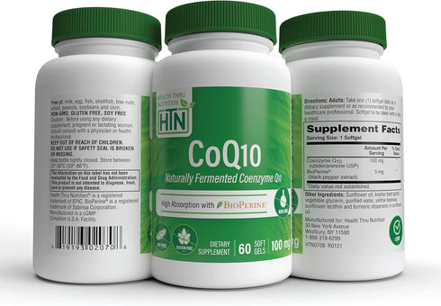 Health Thru Nutrition CoQ-10 100mg with BioPerine - 60 Softgels for Heart Health and Energy Support, Non-GMO
