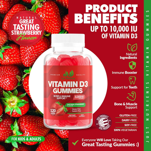 Vitamin D3 Gummies 5000IU / 10,000IU for Adults & Kids - 120 Count Gluten-Free, Non-GMO, Great Tasting Strawberry Flavor