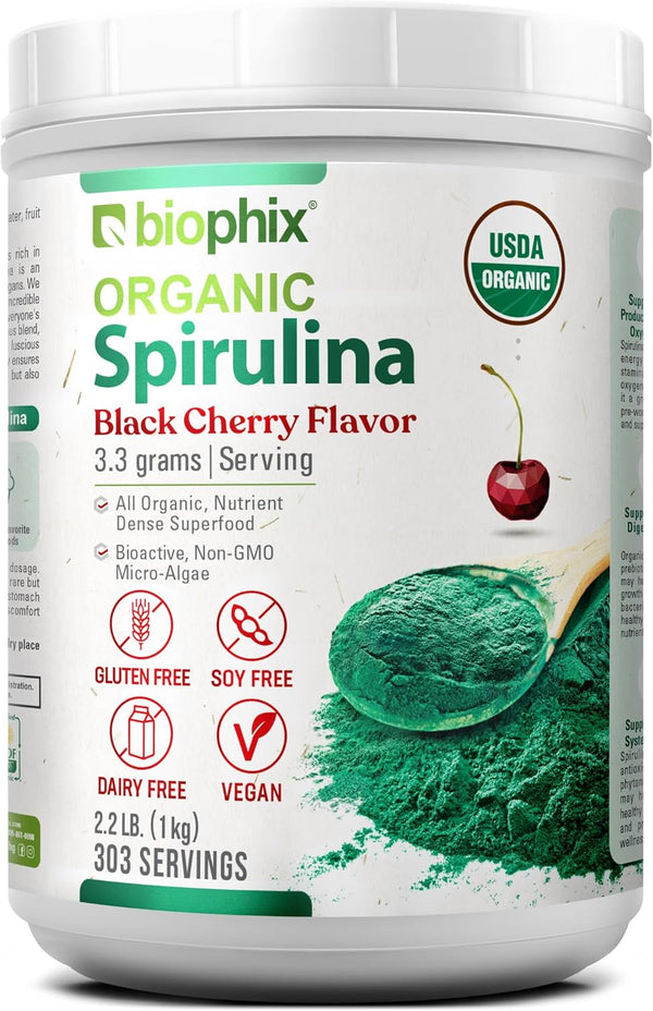 biophix Organic Spirulina Powder 2.2 lb Black Cherry Flavor - Nutrient-Dense Superfood, Protein-Rich & Powerful