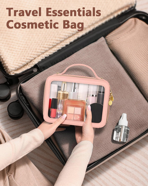 Portable Clear Makeup Bag, Medium Pink Leather Toiletry Bag with Zipper, Waterproof Transparent Cosmetic Organizer for