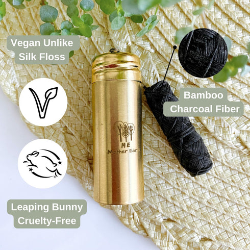 Vegan Bamboo Charcoal Dental Floss, 33 Yards x2, Gold Stainless Steel Container, Peppermint, Eco Friendly
