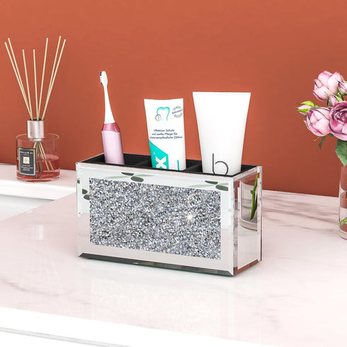 SHYFOY Mirrored Makeup Brush Holder Organizer, 3 Slot Glass Cosmetics Brushes Storage Holders with Crystal Crushed