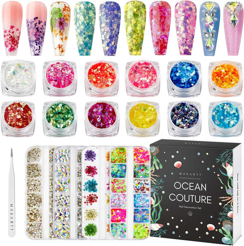 Makartt Nail Decoration Set, 4 Boxes Glitter Sequins & Rhinestones for Nail Art, DIY Decoration Accessories Kit