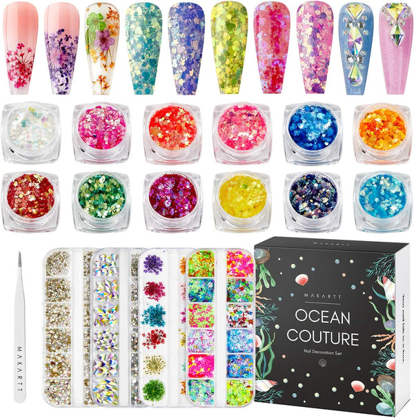 Makartt Nail Decoration Set, 4 Boxes Glitter Sequins & Rhinestones for Nail Art, DIY Decoration Accessories Kit