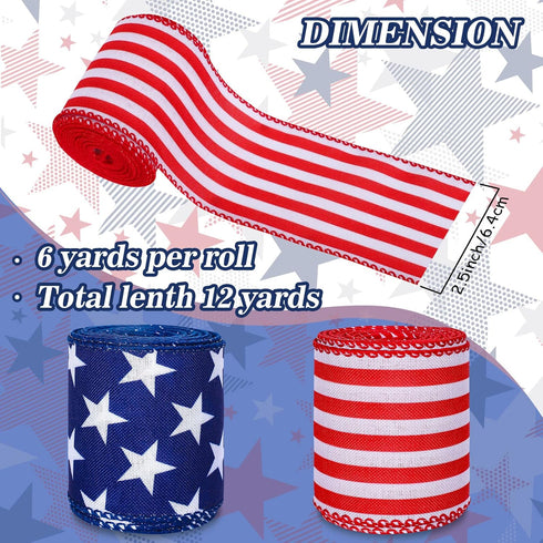 Whaline Patriotic Wired Edge Ribbon 2 Rolls Stars Stripes Craft Ribbon 4th of July USA Flag Fabric Ribbon for Independence Day Memorial Day Wreath Bow Making DIY Crafts Wrapping Supplies by Whaline