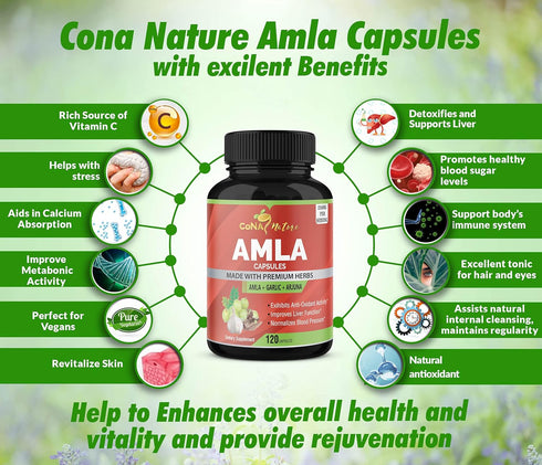 Organic Amla Capsules 2250mg & Arjuna, Garlic | 120 Caps | Natural Vitamin C Supplements, High Antioxidants, Supports
