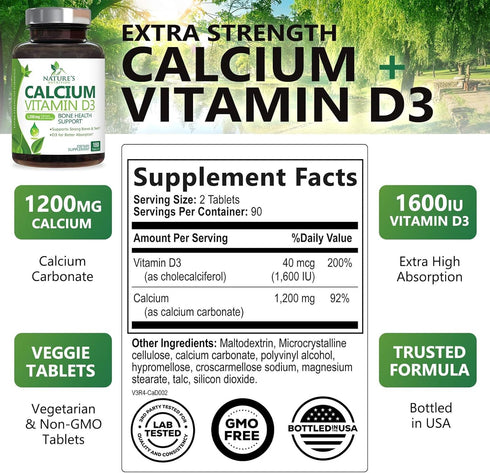 Calcium 1200 mg Plus Vitamin D3, Bone Health & Immune Support - Nature's Calcium Supplement with Extra Strength Vitamin D for Extra Strength Carbonate Absorption Dietary Supplement - 180 Tablets