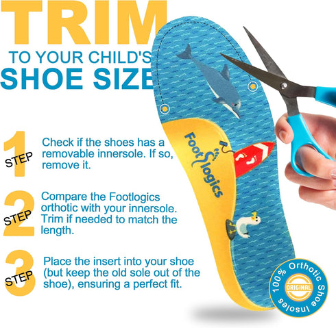 Fun Kids Orthotic Shoe Insoles, Pair for Children’s Heel Pain, Flat Feet, Growing Pains, Toddler 5-7, Yellow