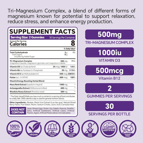 Magnesium Gummies 500mg, 400mg, High Absorption Supplement, Vegan, Sugar Free, 120 Count