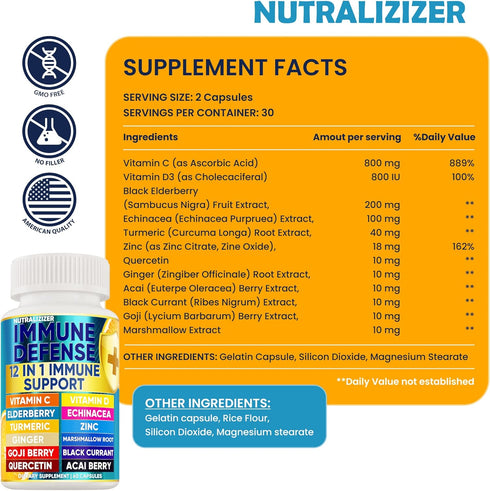 12 in 1 Premium Immune Defense Vitamins - 120 Caps, Immune Supplement with Vitamin D3, C, Zinc, Echinacea