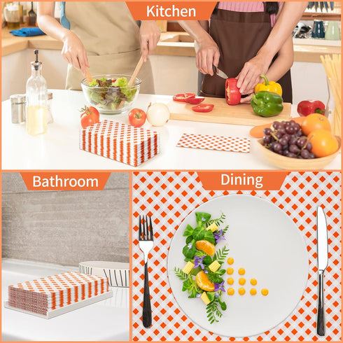 DYLIVeS Orange Gingham Napkins, 50 Pcs Disposable Paper Hand Towels for Luncheon, Dinner, Picnic, Birthday, 3-Ply