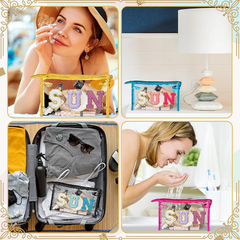 Y1tvei Clear SUN Makeup Bag - Preppy Blue Chenille Varsity Letter Cosmetic Pouch, Waterproof Travel Organizer for Women