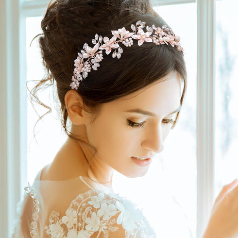 Oriamour Bridal Headpiece Wedding Headband with Flower Design, Genuine Freshwater Pearls & Ribbons (Rose Gold)