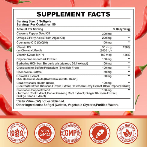 VitaminD3+K2,Berberine, CoQ10, Omega-3, 240 Cayenne Pepper Softgels Supplement, Cayenne Pepper Capsules with Turmeric