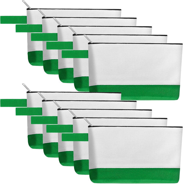 10 Pieces Cotton Canvas Makeup Bag with Zipper, Multi-Purpose Travel Toiletry Pouch, Blank DIY Craft Bag (White&Green,