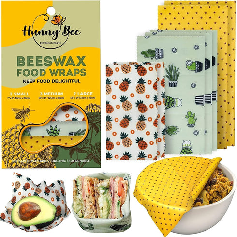 Trifecta Living Co. Set of 7 Versatile Beeswax Wraps, Durable Fresh Food Keeper, Unique Designs for Zero-Waste Kitchen